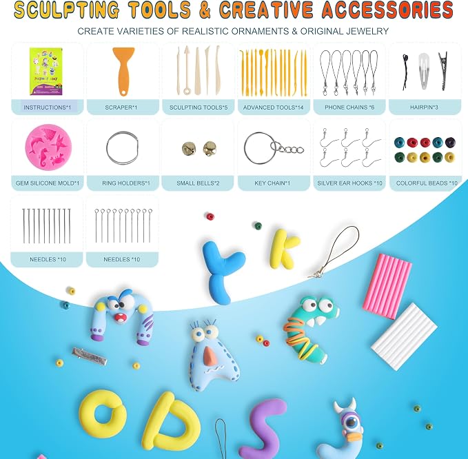 Non-Toxic Polymer Clay 50 Colors, Oven Bake Modeling Clay Kit, DIY Crafts | Ideal for DIY jewelry, miniatures, keychains, & home decor. Perfect for kids , teens, adults, craft beginners & pros