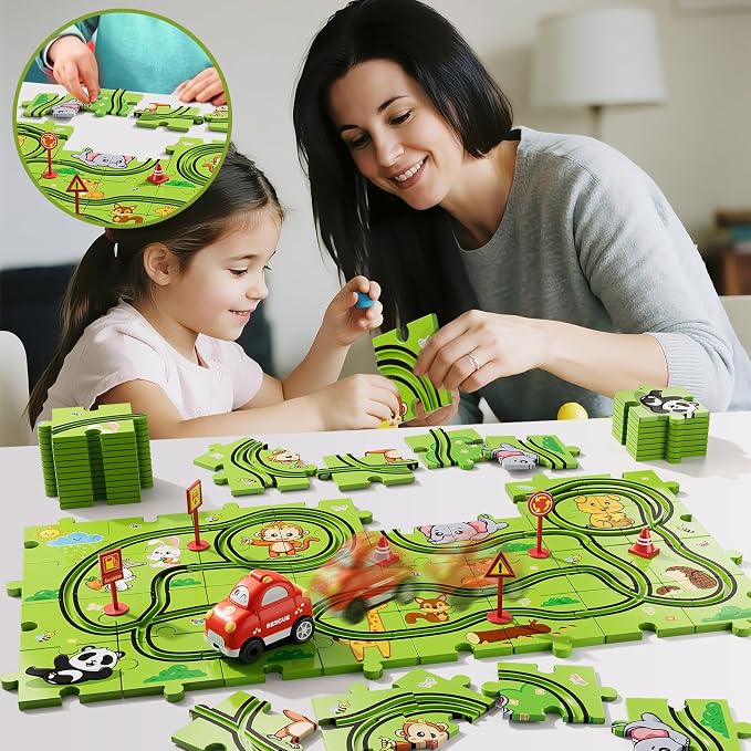 32-Piece Puzzle Race Car Track Set for Toddlers 1-3 | Animal-Themed Tracks, Cars & Road Signs | Puzzle Car Tracks Toddler Toy Gifts for 2 3 4 5 6 Year Old Boys & Girls