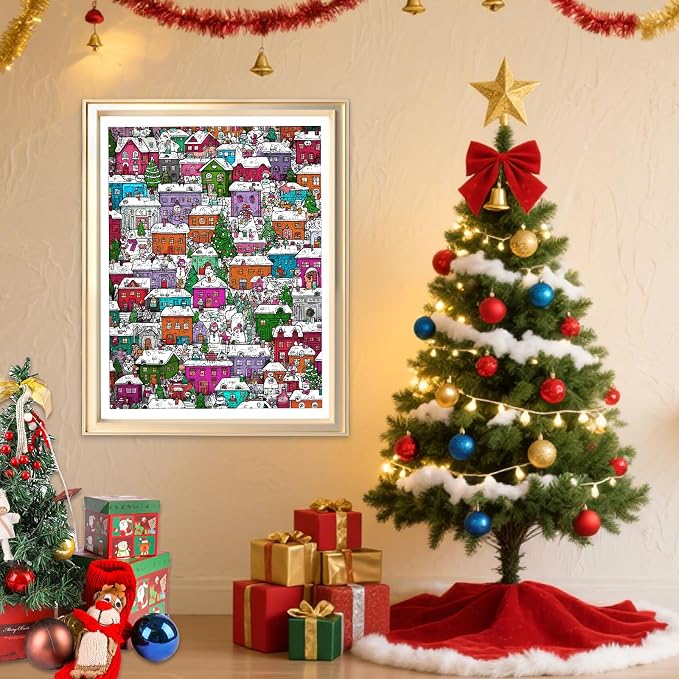 Ixfyloop Christmas Village Puzzles for Adults, Winter Building Wooden Jigsaw Puzzles 200 Pieces, Snowman House Unique Shaped, Challenging Puzzle Perfect for Family Games Lovers 8.9x11.8 Inch