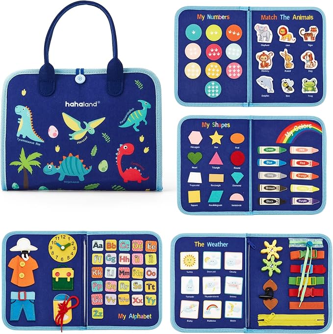 hahaland Busy Board for Toddlers - Montessori Toys Preschool Learning Activities with Life Skills, Alphabet, Number, Shape, Color, Animal, Weather - Toddler Boy Learning Educational Toys, Travel Toys
