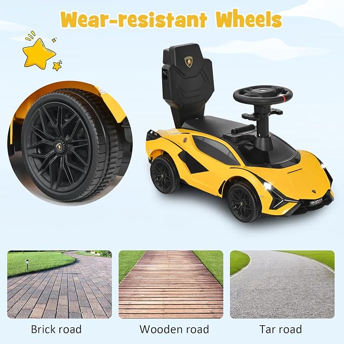 INFANS 3 in 1 Ride on Push Car, Licensed Lamborghini Baby Stroller Sliding Walking with Parent Control Handle, Music, Headlight, Under Seat Storage, Kids Foot-to-Floor Toy for 18-60 Months (Yellow)