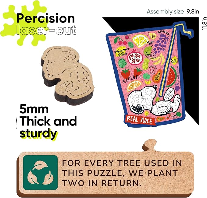 Peanuts Snoopy Puzzles for Adults – Wooden Jigsaw Puzzles, 200 Pieces Unique Shaped Wooden Puzzle, Relax Family Game, 5MM Thick, Officially Licensed Merchandise – Real Juice, 11.8" x 9.8"