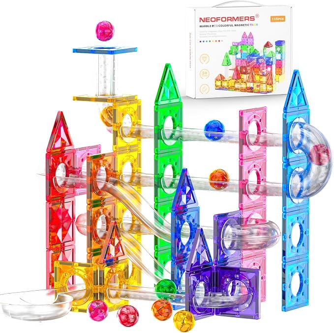 115Pcs Magnetic Marble Run Set for Kids, STEM Building Toys with Racing Track Tiles, Funnels & Slopes, 3D Construction Marble Maze Educational Learning Gift for Boys & Girls Ages 3-8+