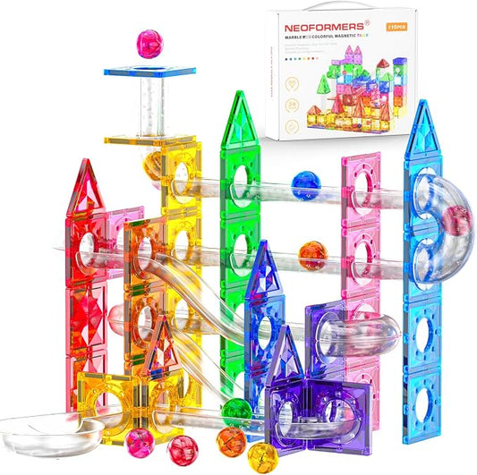 115Pcs Magnetic Marble Run Set for Kids, STEM Building Toys with Racing Track Tiles, Funnels & Slopes, 3D Construction Marble Maze Educational Learning Gift for Boys & Girls Ages 3-8+