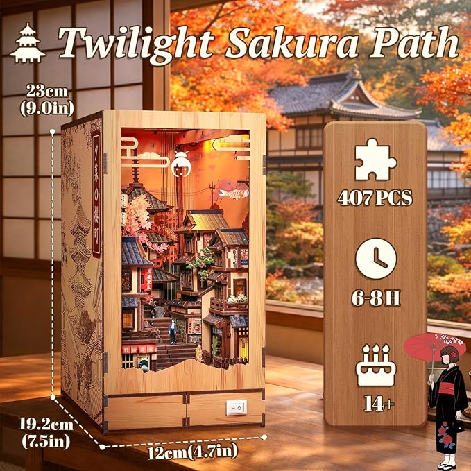 Japanese Book Nook Kit - 3D Wood Puzzles for Adults (Twilight Sakura Path) | DIY Miniature House Kit Bookshelf Diorama Creative Gift for Women