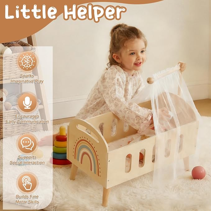 Freniland Wooden Doll Crib Bed for 18 Inch Dolls, Baby Doll Furniture Set with Sheer Canopy and Soft Fabric Mattress, Pretend Play Nursery Accessories for Toddlers