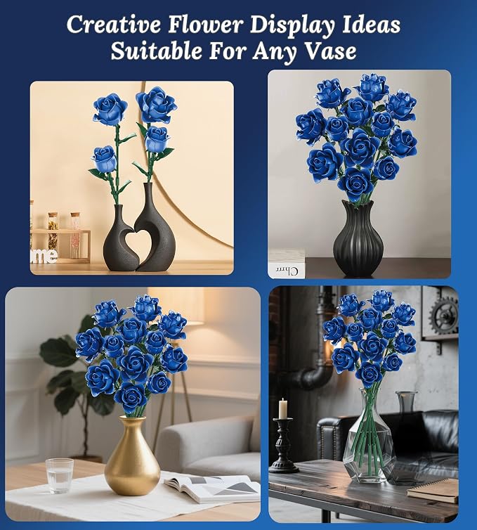 Blue Roses Flower Bouquet Building Set, Compatible with Lego Flowers, Artificial Flowers Botanical Collection Gift for Halloween Gothic Retro Home Decor