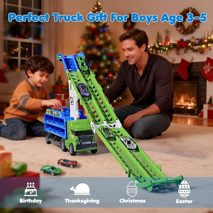 Race Track Truck Toys for 3 4 5 6 Years Old Kids - Carrier Truck Transport Car with 6 Die-Cast Cars Toys, 4-in-1 Truck with 2 Foldable Race Tracks, Christmas Birthday Gifts Toy for Toddler Boys, Cyan