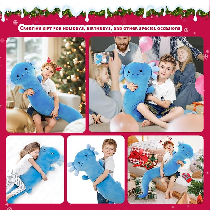 Tianmihou 48 Inch Giant Axolotl Plush Pillow, Big Blue Axolotl Stuffed Animal, Glow in The Dark Salamander Plushie, Soft Large Axolotl Body Pillow, Cute Birthday Gift for Kids Adults
