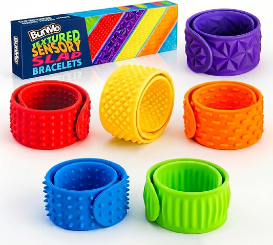 BUNMO Textured Sensory Slap Bracelets for Kids, 6 Pack – Silicone Fidget Bracelets for Boys and Girls, Wearable Sensory Bracelet Toy for Everyday Play, Ages 3+
