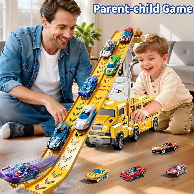 3-in-1 Kid Carrier Truck Toy Car Tracks for Toddlers 2-4 Years Old with 12 Racing Cars Toys, Foldable Chasing Race Track and Car Garage, Car Ramps Birthday Gift for Boys Girls 3-5 4-8(Yellow)