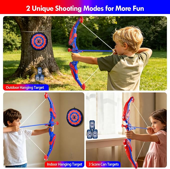 Bow and Arrow for Kids,LED Light Up Archery Set with 10 Suction Cup Arrows, 1Target, 3 Score Targets & 1 Quiver- Indoor Outdoor Sport Gifts for Boys Girls Ages 4 5 6 7 8 9 10 11 12