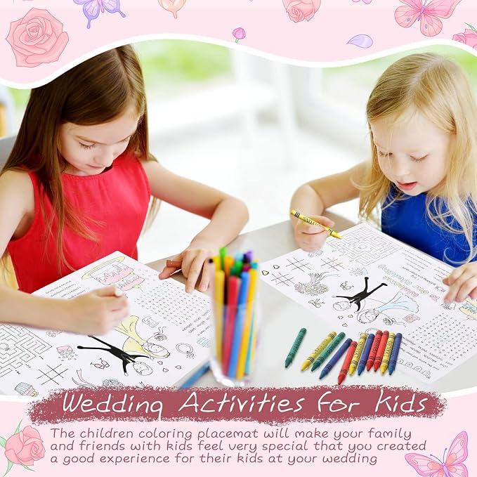Pasimy 24 Set Wedding Activity for Kids Including 24 Pcs Wedding Coloring Placemats Books Sheets and 24 Pcs Coloring Crayons Individually Packaged for Reception Guest Party Favors, 15.7''x11''