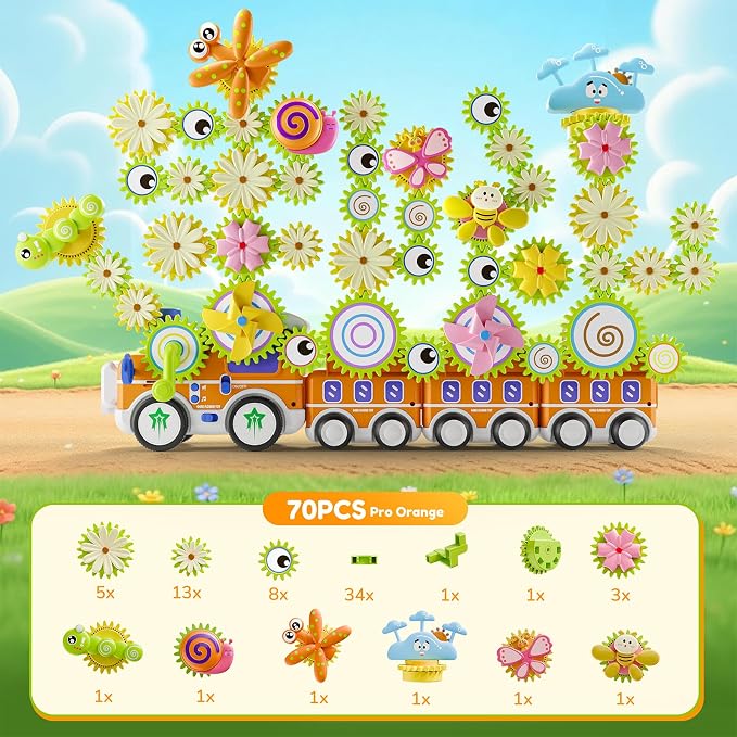 Gears Building Toys for Kids Ages 3+, STEM Construction Set for Toddlers, Train and Flower Models with Electric & Manual Modes, Lights and Music, DIY Educational Learning Toys Gift for Boys and Girls