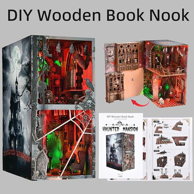fifijoy Haunted Horror Book Nook Kit, DIY Miniature Dollhouse Halloween Booknook Kit, Spooky Creepy Scary 3D Wooden Puzzle Bookend Bookshelf Insert Decor with LED Light (Haunted Mansion)