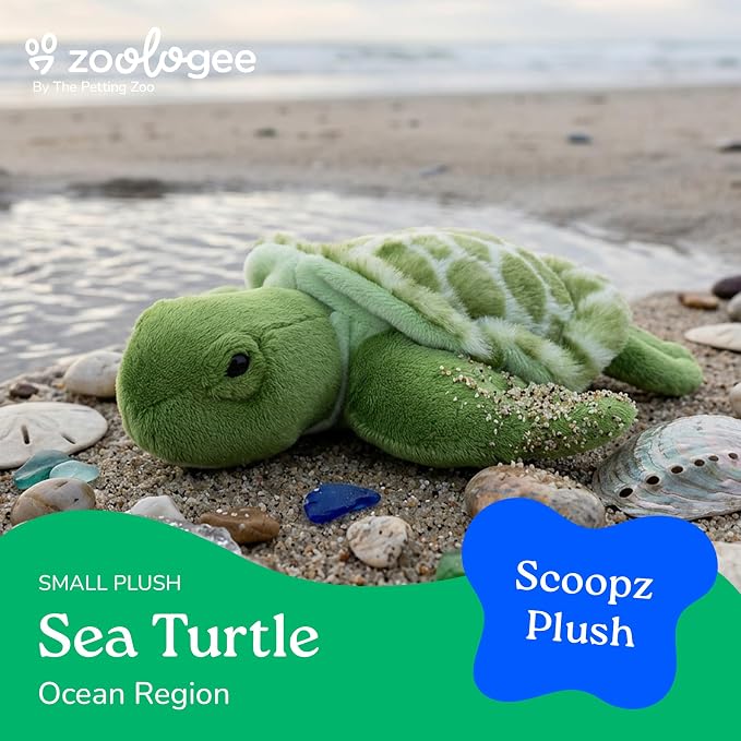 The Petting Zoo Sea Turtle Stuffed Animal Plushie, Gifts for Kids, Scoopz Sealife Animals, Green Tortoise Plush Toy 8 Inches