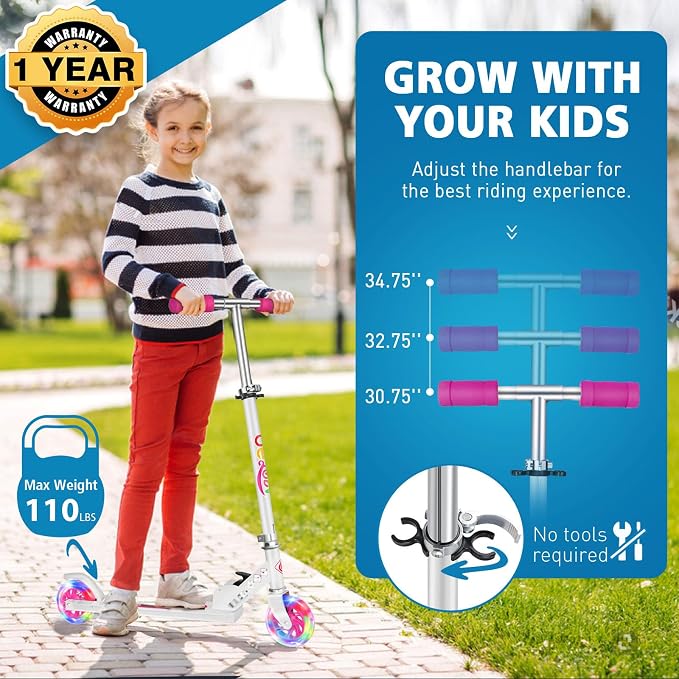 BELEEV V1 Scooters for Kids, 2 Wheel Folding Kick Scooter for Girls Boys, 3 Adjustable Height, Light Up Wheels, Lightweight Scooter with Sturdy Frame, Kickstand for Children 3 to 12 Years Old