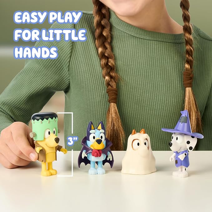 Bluey Halloween Figures Pack of 4, Robust Articulated Character Toys with Bingo, Chloe, and Lucky Figurines, Small Action Figures for Kids Ages 3+