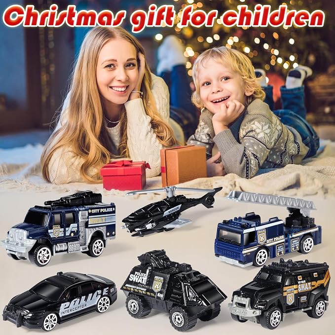 Oriate 6 Pack 1/64 Die-cast SWAT Police Cake Topper Kids Cars Boy Toys Set, Mini Cop Toy Car, Helicopter, Rescue Truck, Military Vehicles Toys, Birthday Gift for 3-5 Year Old Boys Girls