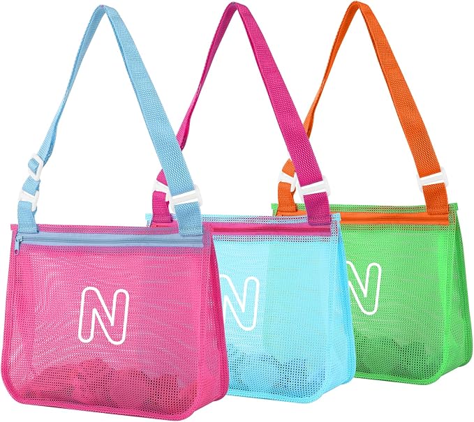 3Pcs Personalized Kids Beach Shell Bag, Initial Seashell Mesh Zipper Beach Pouch, Shell Collecting Bag for Holding Shells with Adjustable Straps, Sand Toys Swim Pouch Gift for Girl Boy Teens(Letter N)