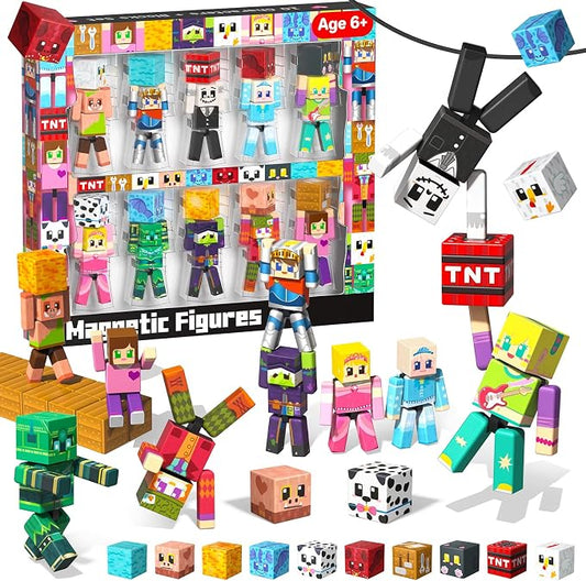 20 Pcs Magnetic Action Figures Playset, Magnetic Building Block Animal Cartoons Toys with Magnetic Cubes, 360° Rotating Arms and Legs, Creative Play Set for Kids 6+, Birthday Gifts for Boys Girls