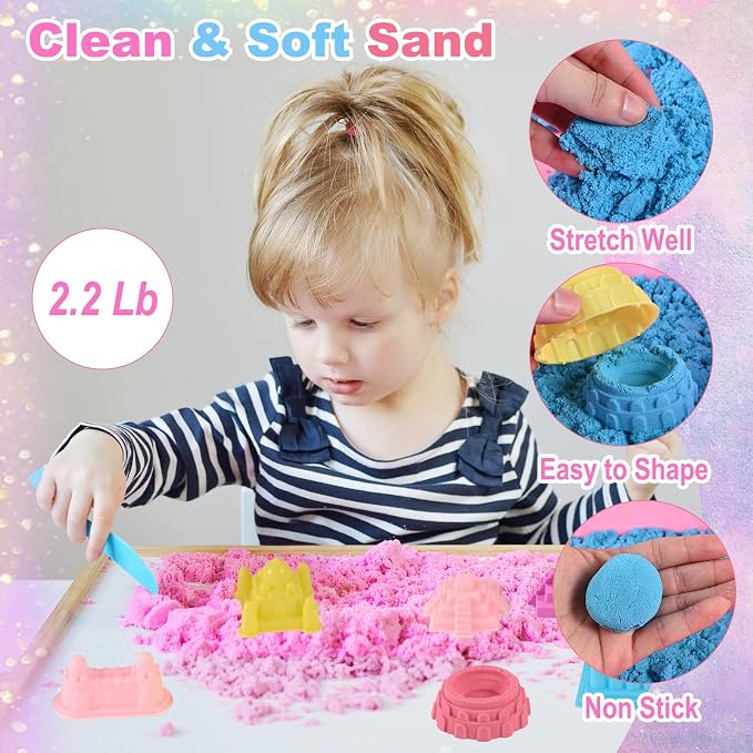 Faburo 48Pcs Unicorn Sensory Bin Sand Kit Toy for Toddler Girls with 3 Unicorns, Unicorn Toys for Girls Age 4-6, 6 Castle Molds, 2.2Lbs Color Sand, Learning Toys Birthday Gift for Kids Age 3 4 5