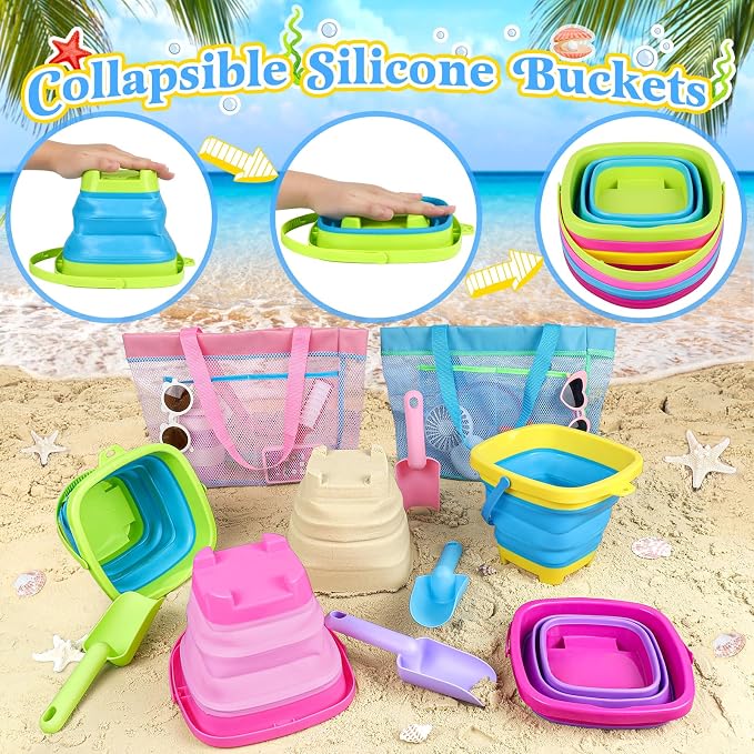 Collapsible Beach Buckets for Kids, 4 Packs Foldable Sand Buckets and Shovels with Mesh Beach Bag, Silicone Sand Pails for Toddlers Beach Toys, Easter Egg Hunt, Camping, Travelling, Fishing Water Pail