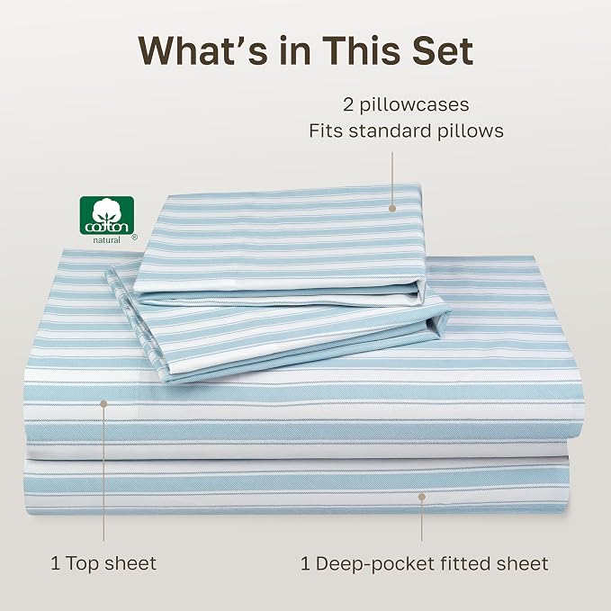 California Design Den Soft 100% Cotton Sheets Queen Size Set, 400 TC Good Housekeeping Award Winner, Smooth Sateen Finish with Deep Pockets, Cozy and Durable Cotton Bedding Set - Cape Stripe Blue