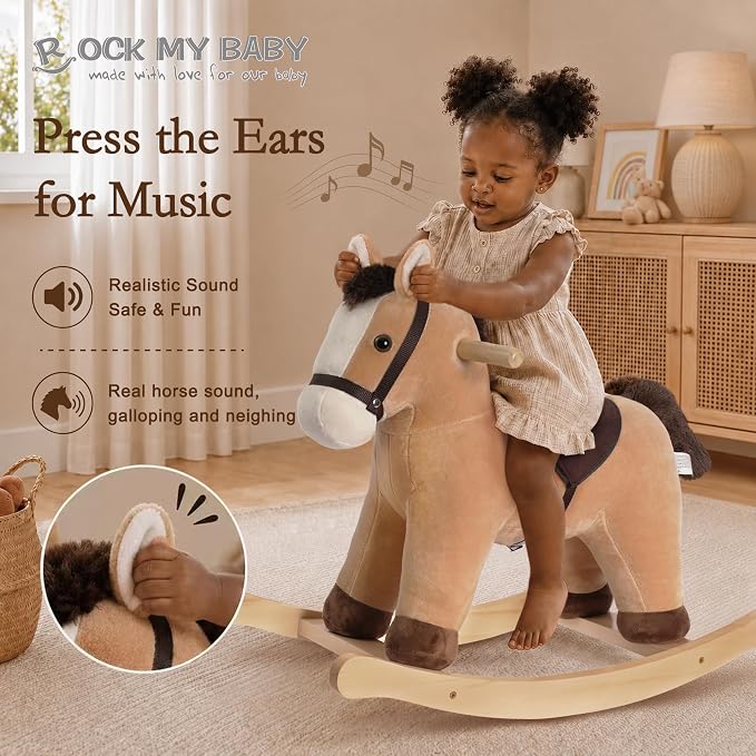 Rock My Baby Rocking Horse, Rocking Animal with Realistic Sound, Stuffed Rocker for Toddlers 18M+, Soft Filling Ride on Pony, Light Brown Horse, CPC Certified
