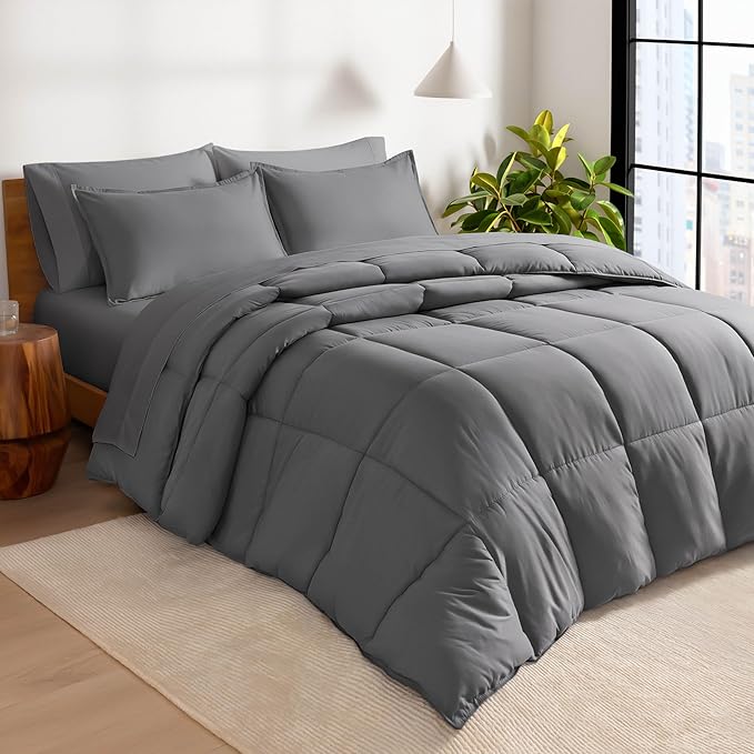 Bare Home Bed-in-A-Bag 7 Piece Comforter & Sheet Set - King - Goose Down Alternative - Ultra-Soft 1800 Premium Bedding Set (King, Grey/Grey)