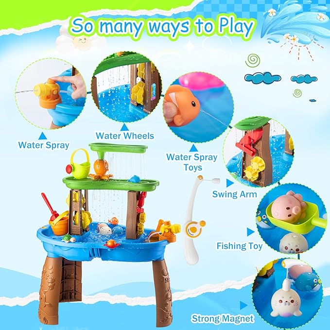 VROGTIK Water Table for Toddlers 3-5, Kids Sand Water Table with Fishing Game Set, Sensory Play Table Toys for Outdoor Pool Beach Backyard Summer Birthday Gift for Boys Outside Toys for Toddler