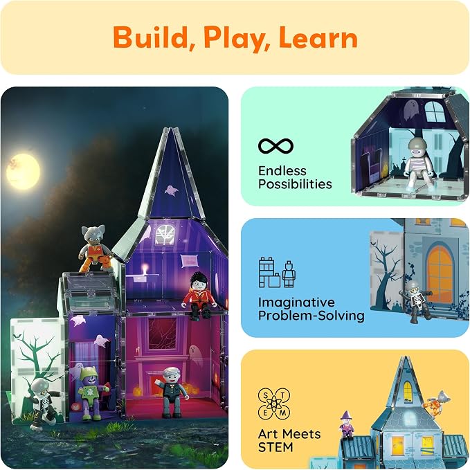 PicassoTiles Scary Haunted House Magnetic Tiles Building Block with 8 Halloween Theme Action Figure Magnet Construction Toy Kit Double-Sided Mansion STEM Playset Adventure Boys & Girls Ages 3+ PTQ03