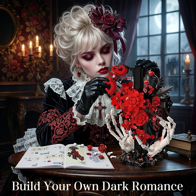 Gothic Decor Gothic Cross with Skull Hands Building Set – 8+ Halloween Decor, Bone Hands Holding Flower Cross & Butterfly, Home Office Shelf Accent, Valentine’s Day Gift for Adults(901PCS)