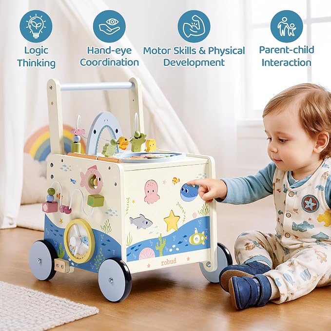 ROBUD Wooden Baby Push Walker, Marine Theme Learning Walking Toys, Adjustable Height Baby Walker with Decelerator, Montessori Toys for Baby Age 10 Months+, WRP23