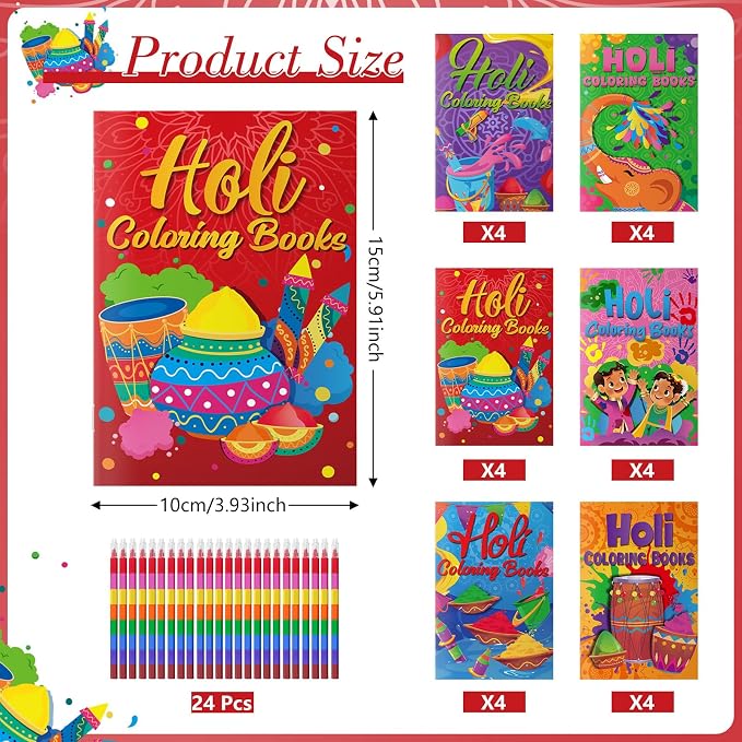 Cinrobiye 24 Set Holi Coloring Books Bulk DIY Mini Happy Holi Art Drawing Set with Stackable Crayons for Festival Party Gifts Goodie Bag Fillers Classroom Activity Rewards