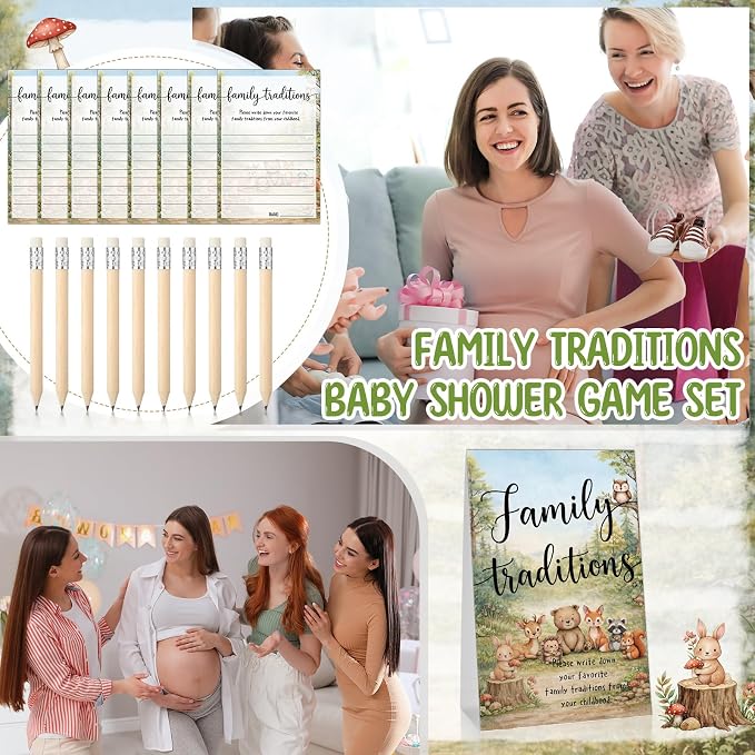 Fumete 61 Pieces Family Tradition Baby Shower Games Include 1 Family Traditions Standing Sign and 50 Activities Cards with 10 Pencils for Gender Reveal Bridal Shower Wedding(Green,Woodland)