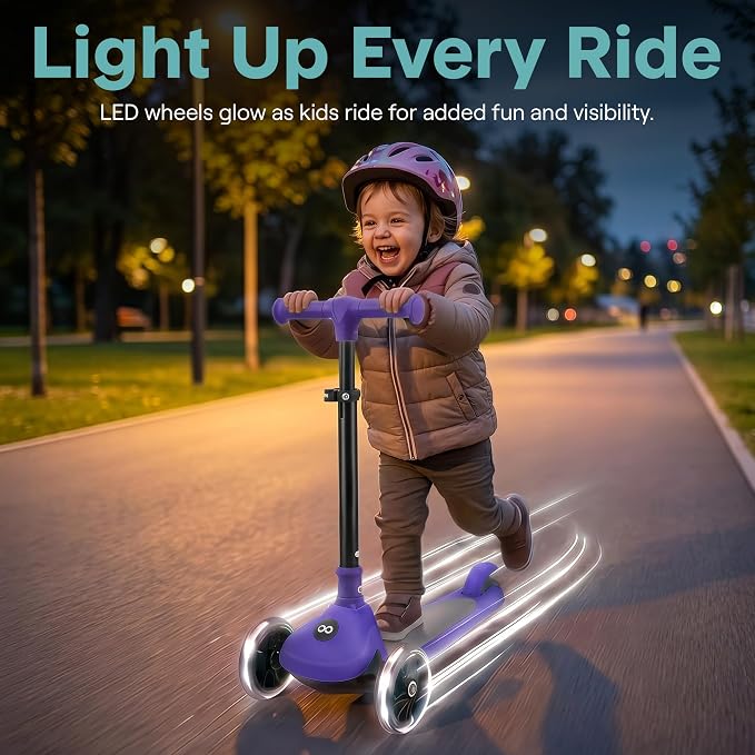SereneLife Toddler Scooter, Adjustable Micro Scooter for Ages 2-5, Lightweight Kids 3 Wheel Design with LED Light-Up Wheels, Anti-Slip Deck & Lean-to-Steer Control, Indoor/Outdoor Use (Purple)