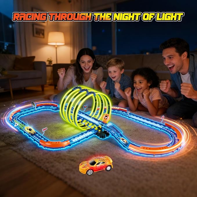 Glow Toy Car Race Track Set, 71 Pcs Glow-in-The-Dark Tracks for Kids Ages 3-8, Electric Speed Car Light-Up Whole Slot Track, Track-Building with 360° Magic 3 Loops, 1:64 Scale Vehicle, Boys Girls Gift