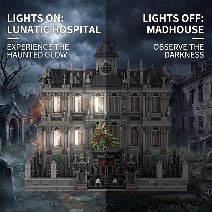 Lunatic Hospital Building Blocks Set, Gothic Architecture Model with LED Lights, Collectible Display Kit for Adults, 7537 Pieces Challenging Construction Toy for Halloween Decor