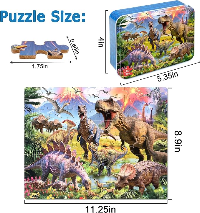 LELEMON Puzzles for Kids Ages 4-6,Dinosaur 100 Piece Puzzles for Kids Ages 6-8 in a Metal Box,Educational Jigsaw Puzzles,Childrens 100 Piece Puzzle Games Puzzle Toys for Girls and Boys