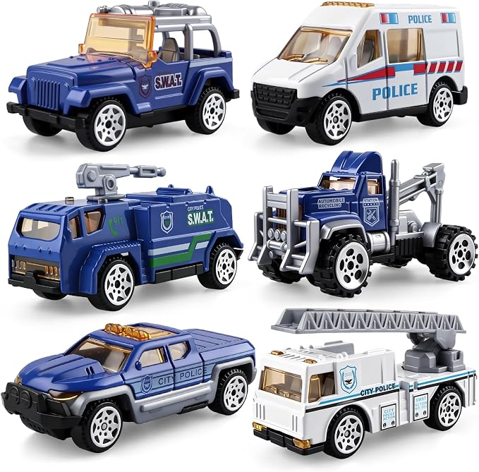 6 Pack Mini Die-cast Car 1/64 Scale Alloy Models Police Vehicle Set for Boys 3-5 6 7 - Ladder, Water Tower, Ambulance, Police Patrol Car & Transport Truck, Patrol - Kids Birthday Xmas Gift