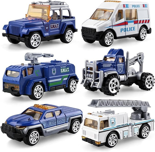 6 Pack Mini Die-cast Car 1/64 Scale Alloy Models Police Vehicle Set for Boys 3-5 6 7 - Ladder, Water Tower, Ambulance, Police Patrol Car & Transport Truck, Patrol - Kids Birthday Xmas Gift