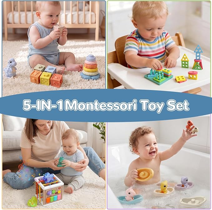 Baby Montessori Toys 6-12 Months, 5 in 1 Sensory Learning Set with Stacking Blocks, Shape Sorter, Bath Toys, Activity Cube, Dinosaur Stacker Educational Toddler Gifts for Boys Girls