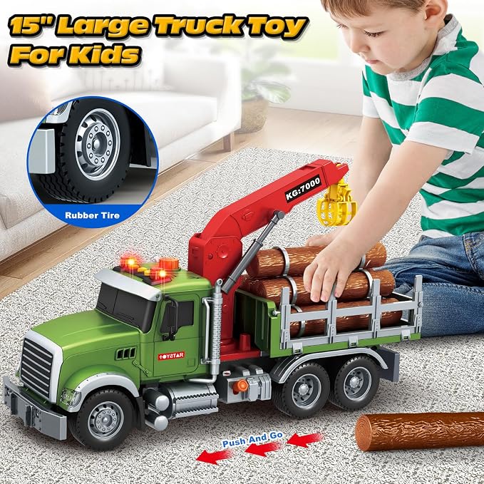 Bstoyder Kids Toys for 3 4 5 6 7 8 Years Old Boys, 15" Farm Logging Truck Toy with Loading Crane and 6 Trunks, Lights, Sounds, Toddler Friction Powered Truck Vehicle Toy for Boys Girls Birthday Gifts