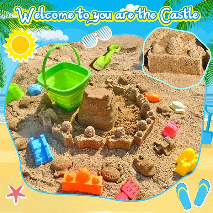 Collapsible Beach Sand Toys for Kids Toddlers,Travel Beach Toys with 3 Collapsible Sand Buckets,Shovels,Mesh Bags,Sand Molds,Castle Toys for Beach, Age 18+ Month
