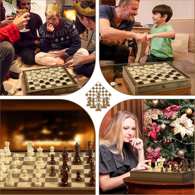 Peradix Magnetic Chess and Checkers Set with 2 Built-in Storage Drawers,15" Classic 2 in 1 Wooden Board Games, Magnetic Chess Pieces, 2 Extra Queens, Luxury Chess Set for Adults and Kids Gift Package