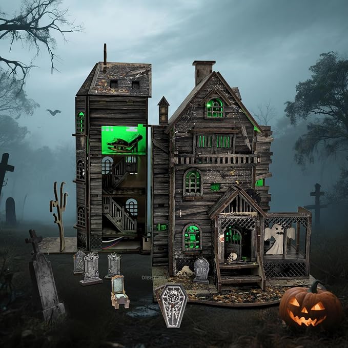 3D Wooden Puzzle Haunted House Model Set - Miniature Haunted House Kits with Led Accessories Furniture, Suitable for Adults and Teenagers to DIY Halloween Horror Doll House Craft Gifts.