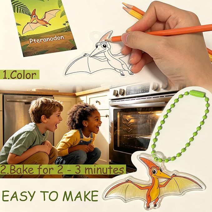 Vicentorra Dinosaur Shrinky Dink Kit for Kids Age 4-8 6-8 - 24 Precut Shrink Sheets + 24 Dino Learning Cards - Arts and Crafts for Boys Girls - Birthday Gift for 5 6 7 8 Year Old - STEM Toys