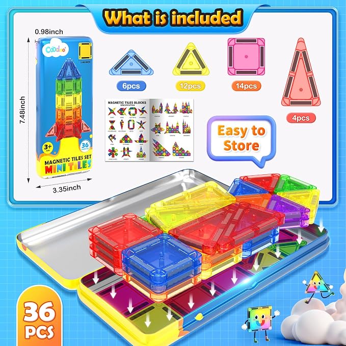 Magnetic Tiles Travel Essential Toys Mini Travel Toddler Set, 36PCS Magnetic Blocks Building Kids Toys, Montessori Preschool Classroom Must Haves Educational STEM Toys for 3+ Year Old Boys Girls