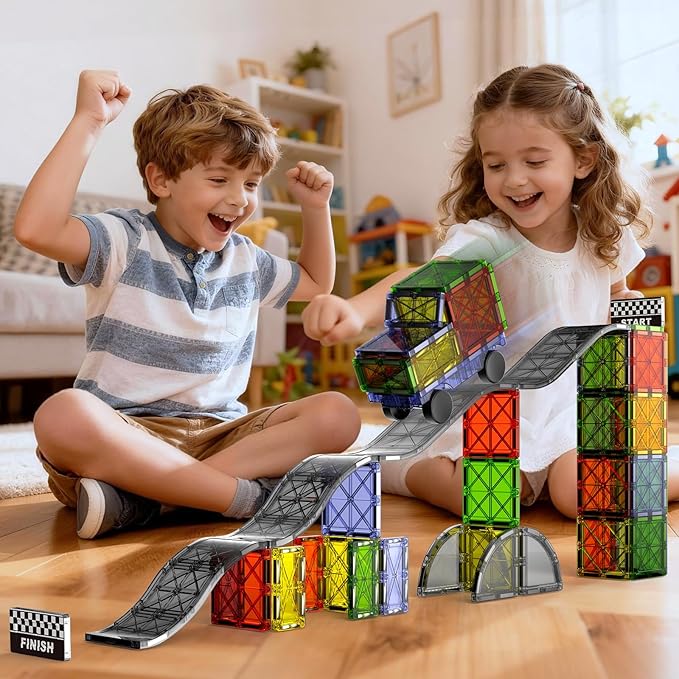 Magnetic Downhill Racer Set 40-Piece with Car & Tracks, STEM Magnetic Tiles Building Toys for Kids Ages 3-8, Montessori Learning Toys with Reinforced Slopes & Loop Pieces